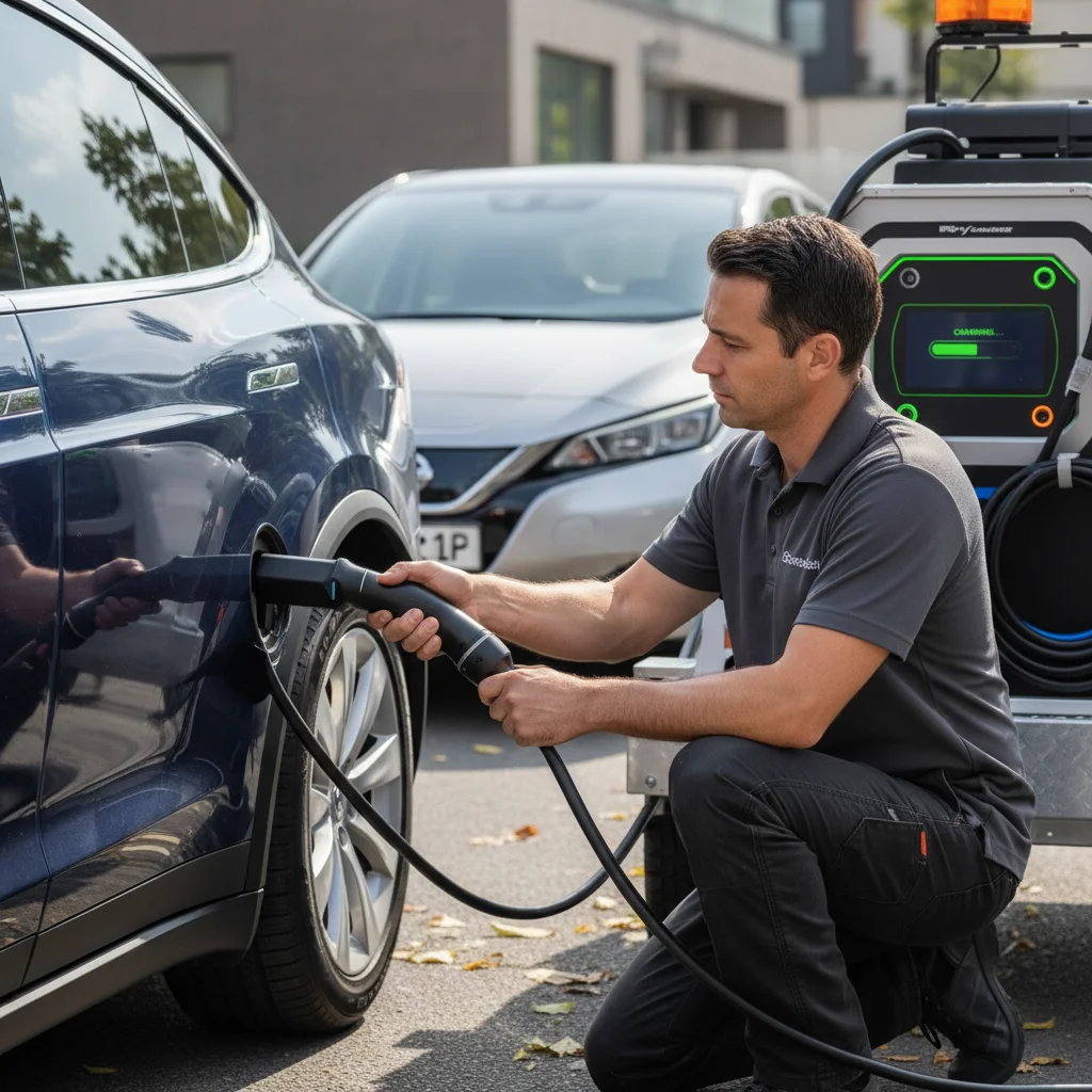 Charging cable plugged into an EV beside a roadside service van
