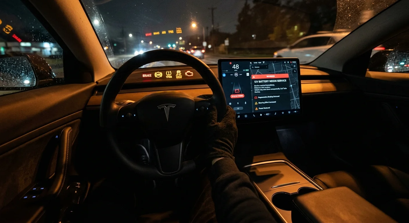 Parked electric SUV on the roadside with a dark cabin after the 12-volt battery failed.