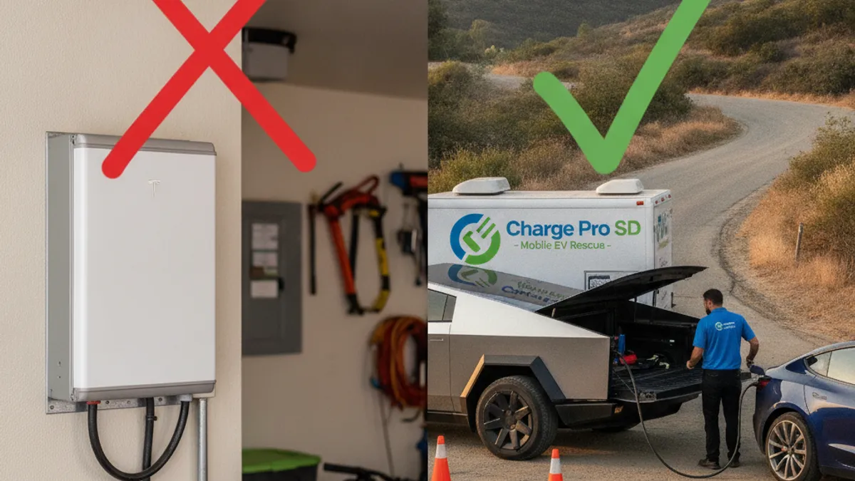 Split image of a wall-mounted home battery marked with a red X and a mobile charging truck helping a stranded EV with a green check