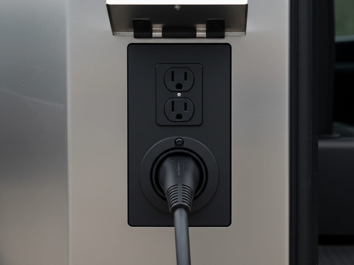 Close-up of a 240-volt outlet on a pickup bed wall with a cable plugged in