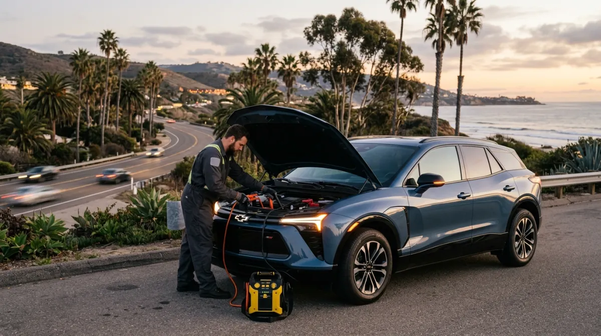 A roadside rescue truck parked beside a dark crossover EV with the front compartment open on asphalt.