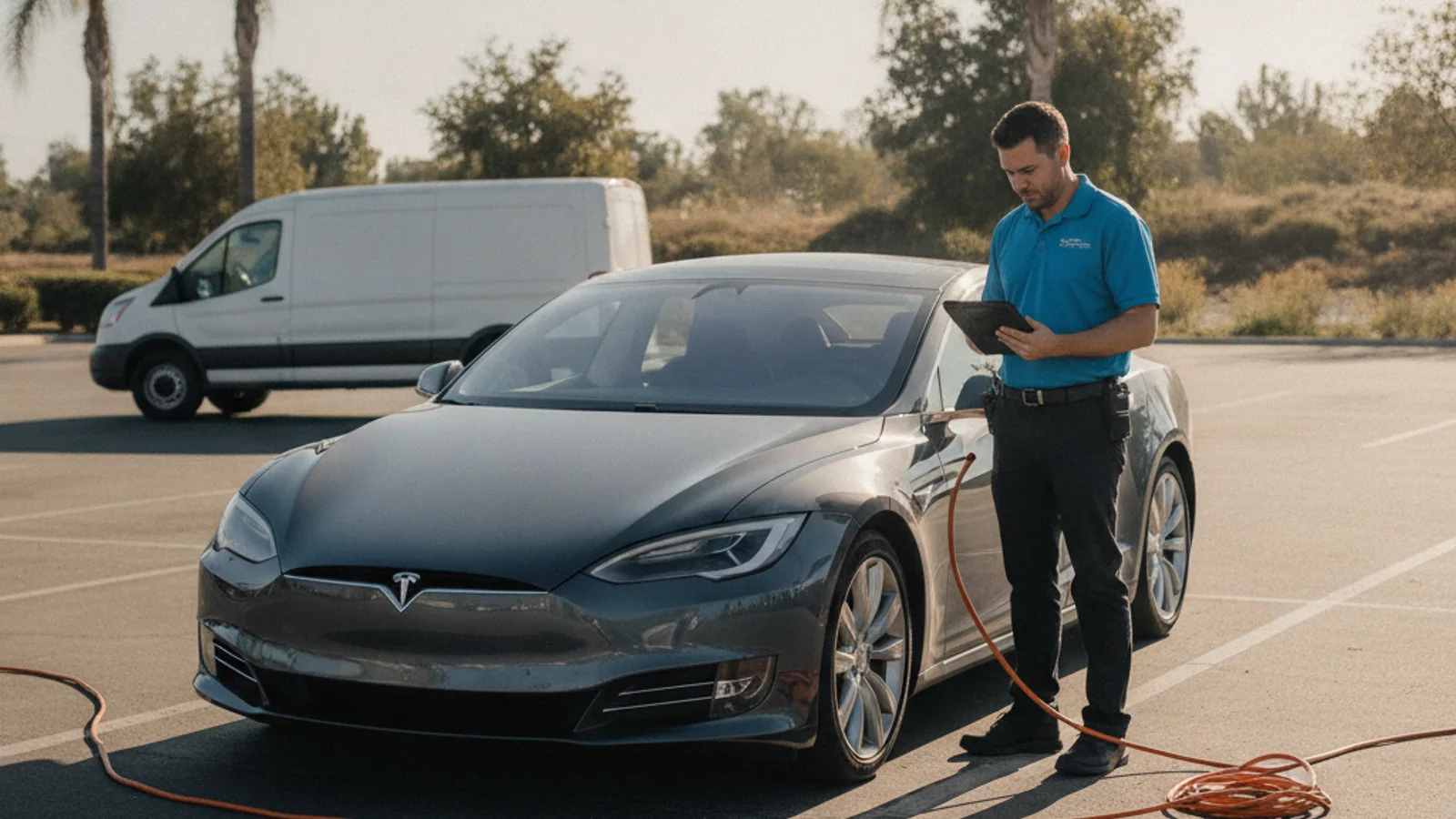 Dark electric sedan on a roadside shoulder with lights off and charge port closed