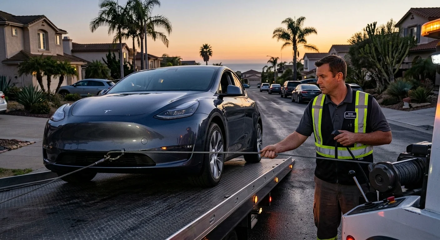 A Tesla Model 3 with a flat tire on the shoulder, beside a tire shop showing run-flat and conventional tires