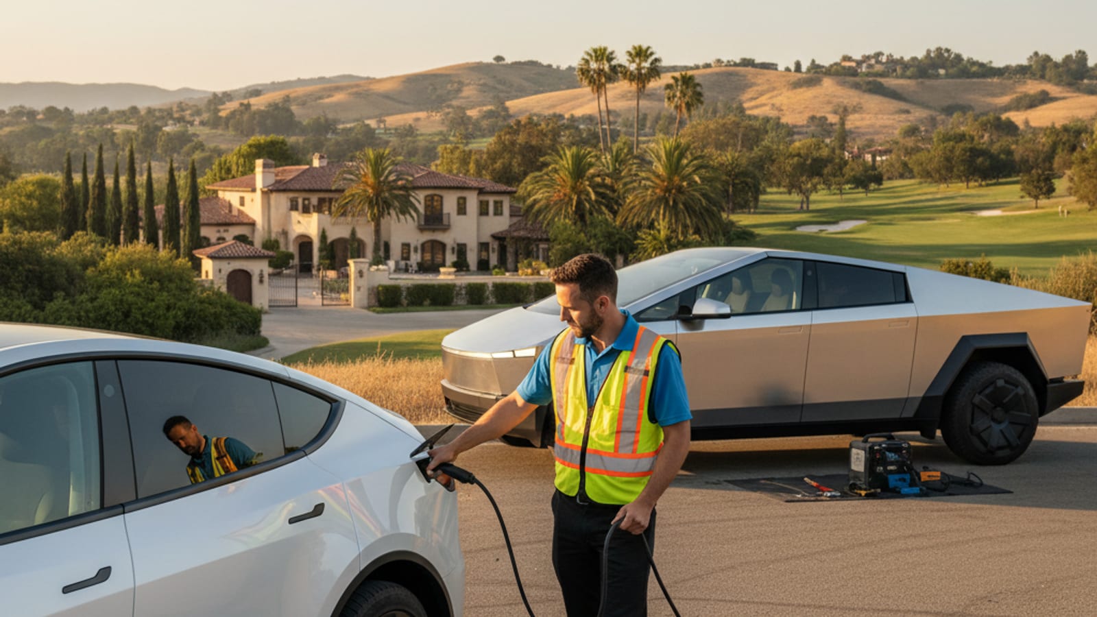 Electric car stopped on a paved shoulder with a driver standing nearby