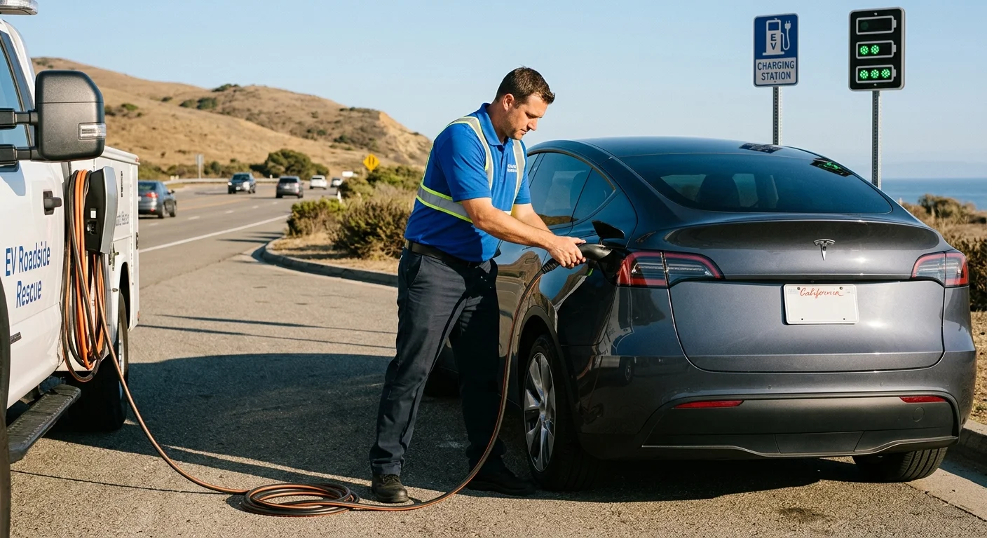 An electric vehicle parked on a shoulder beside three charging-level symbols