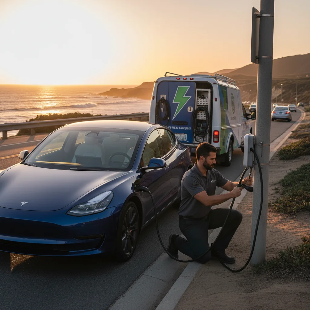 Electric car parked on asphalt as a mobile charging truck pulls up
