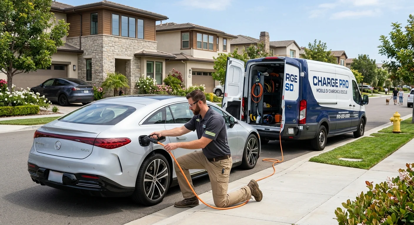 A mobile charging truck plugged into a parked luxury EV at the curb