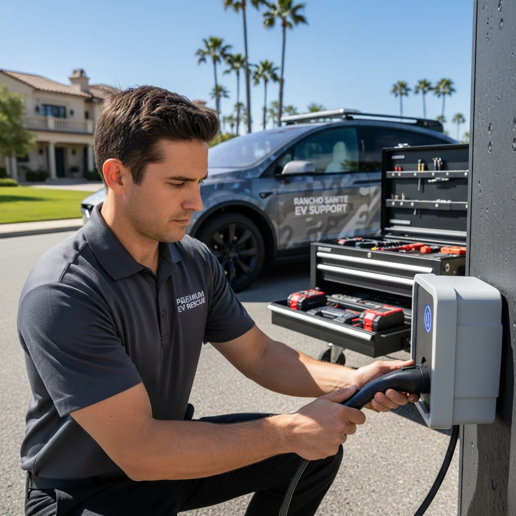 Heavy charging cable plugged into an EV port next to a service truck