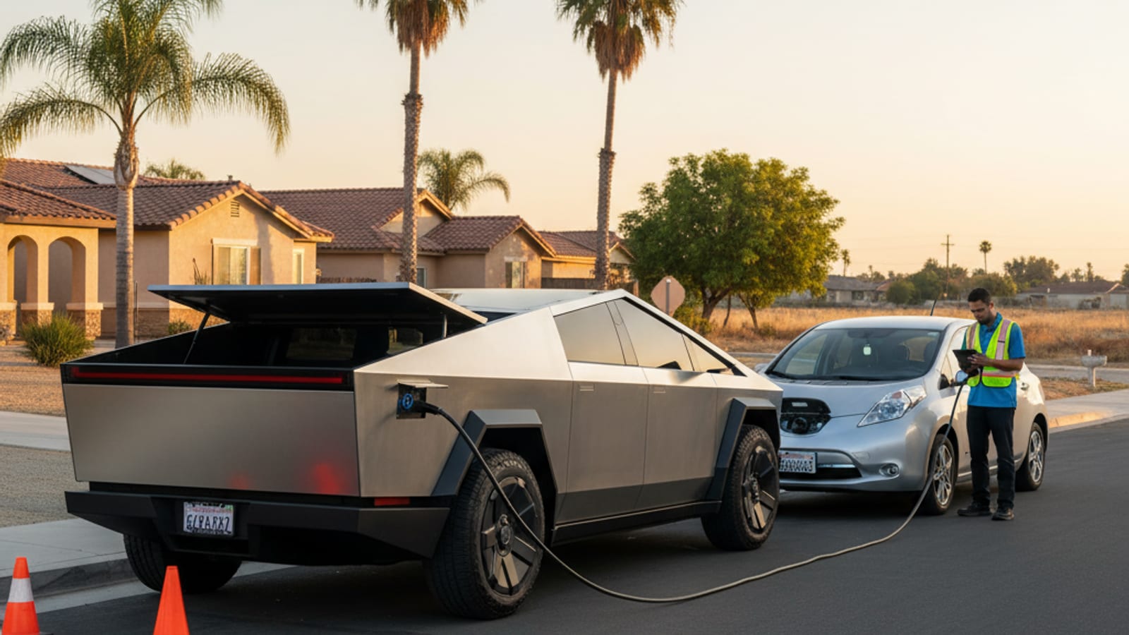 Mobile charging truck parked beside a stalled electric SUV on a highway shoulder