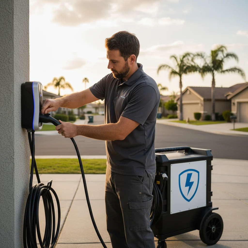 Charging cable plugged into an electric car at a paved curb