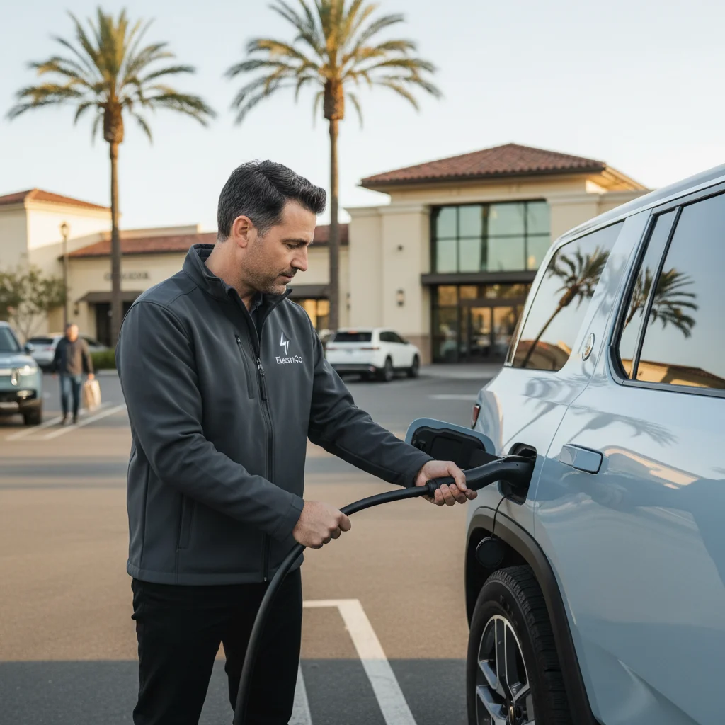 Technician connecting a mobile charging cable to an EV at a curb