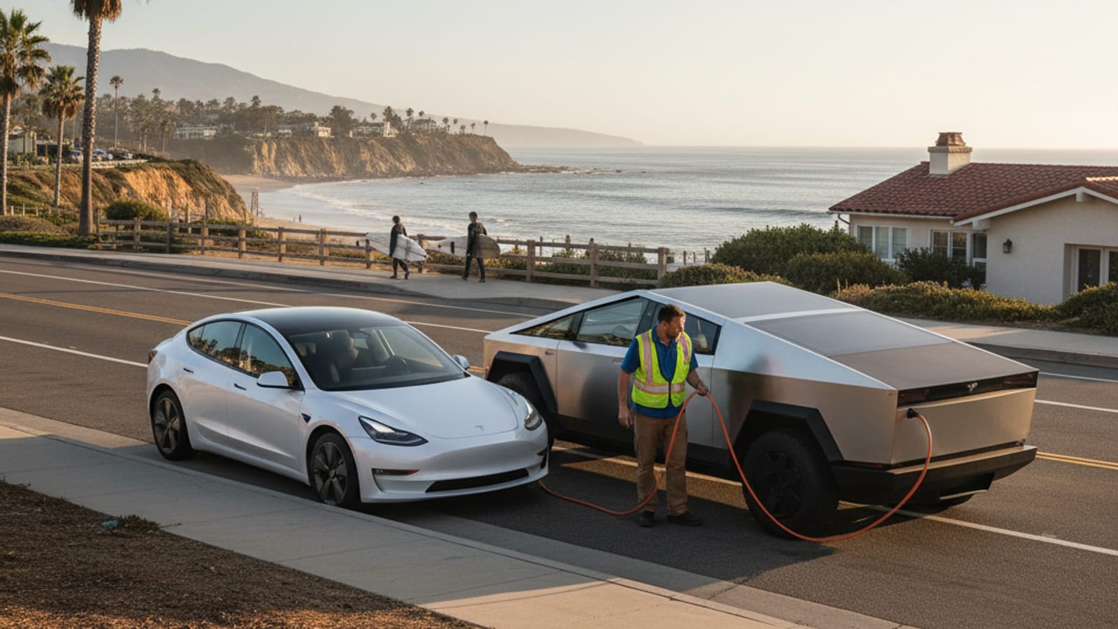 Electric car parked at a curb with a charging cable plugged into the port