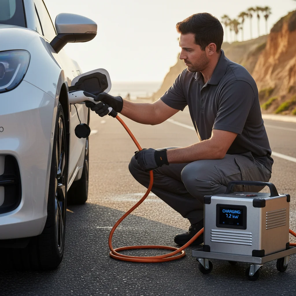 Portable jump pack clipped to a small 12-volt battery under a hood