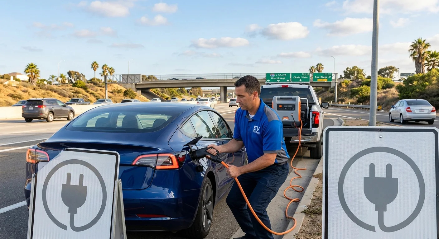 Electric car on a paved lot with a charging cable plugged in at the rear