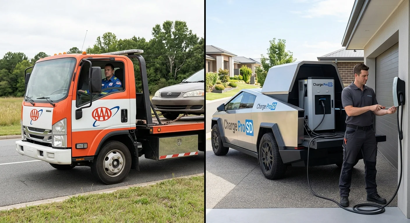 Split view of a generic tow truck beside an electric car and a mobile charging van at a charge port on a roadside shoulder