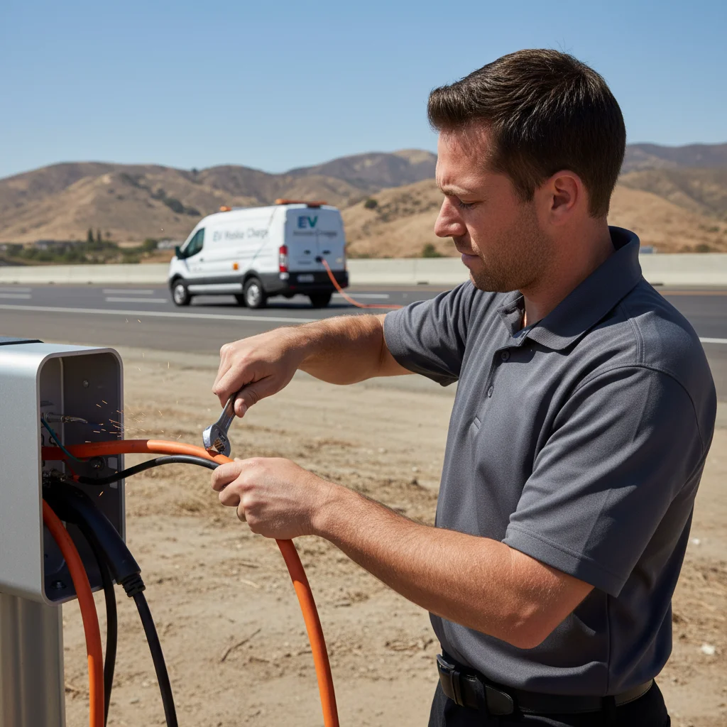 Technician in a dark jacket plugging a charging cable into a compact electric SUV
