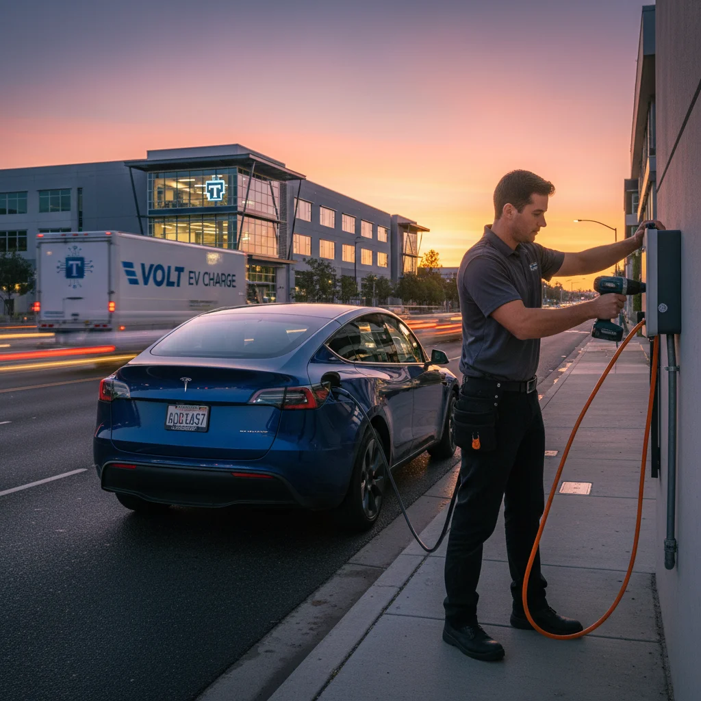 A stranded electric car on a quiet San Fernando Valley surface street with EV charging equipment nearby
