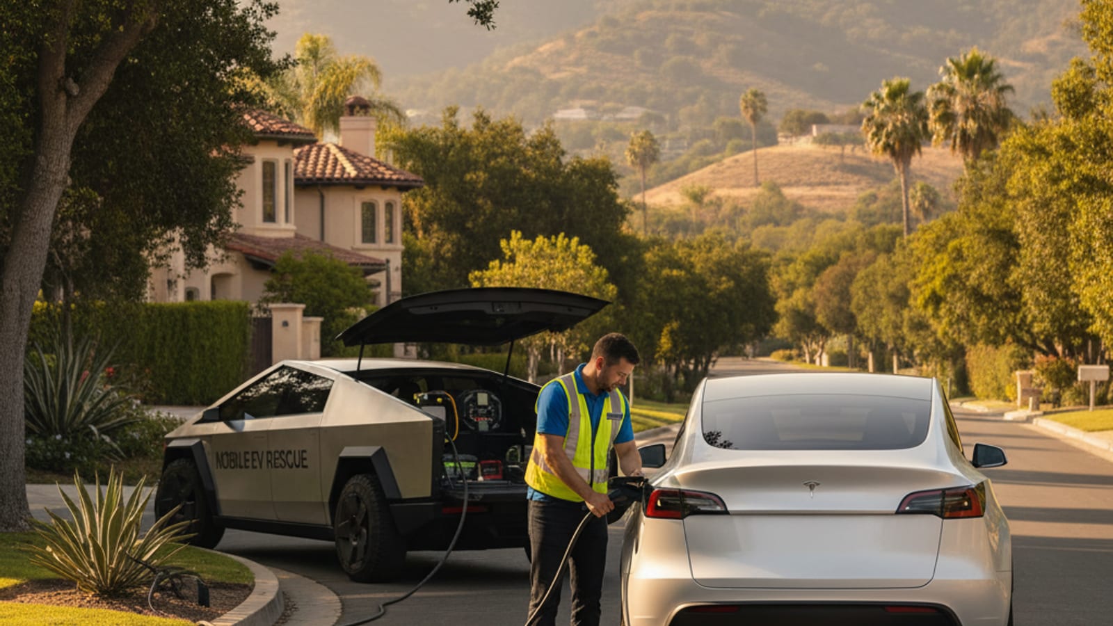 An electric car parked at the curb on a West Hollywood street with a mobile charging operator nearby