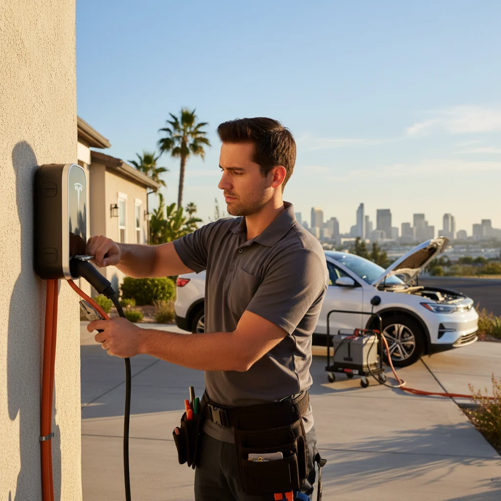 A technician standing beside a stalled electric SUV on a paved roadside shoulder