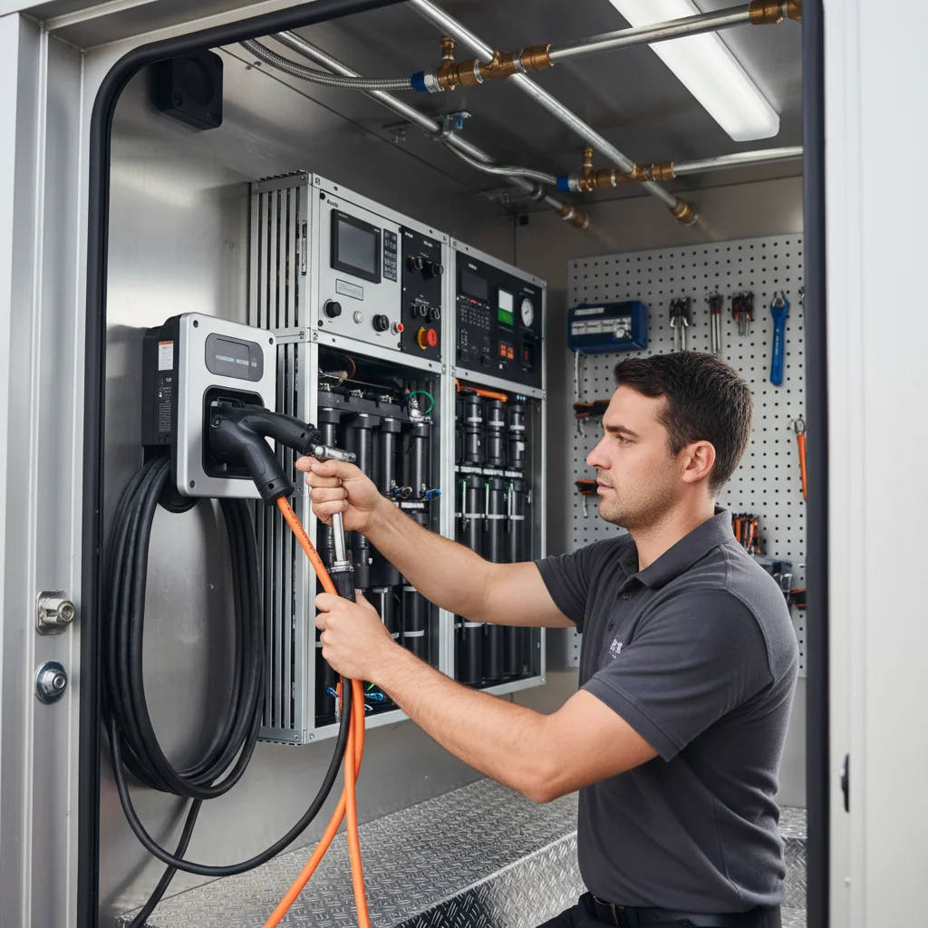 Charge cable locked into an EV port during a roadside boost