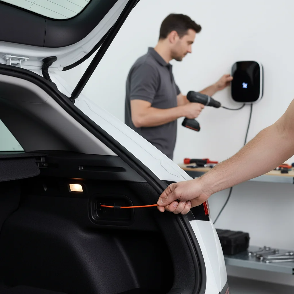 Hand pulling a small manual charge-port release cable inside an EV cargo area.