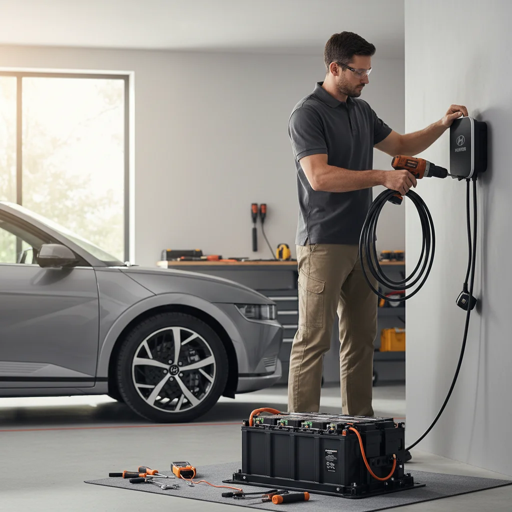 An electric crossover parked on a paved shoulder with a charging cable at the charge port
