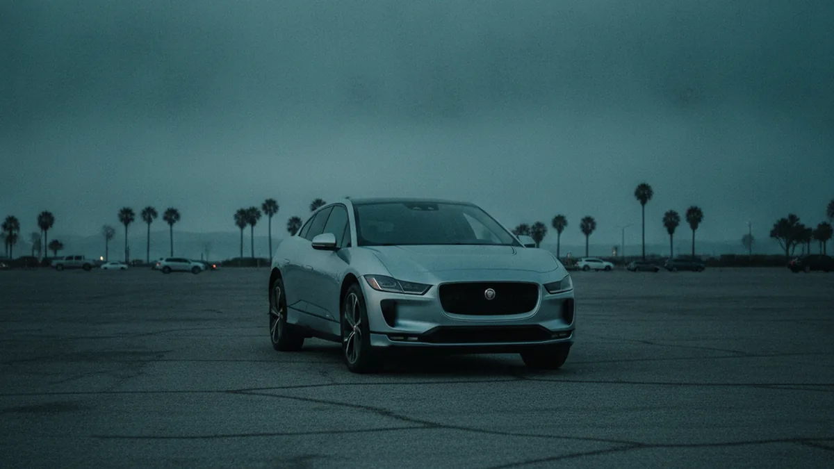 A Jaguar I-Pace electric SUV parked in a dim lot with a dark, unlit dashboard after sitting unused.