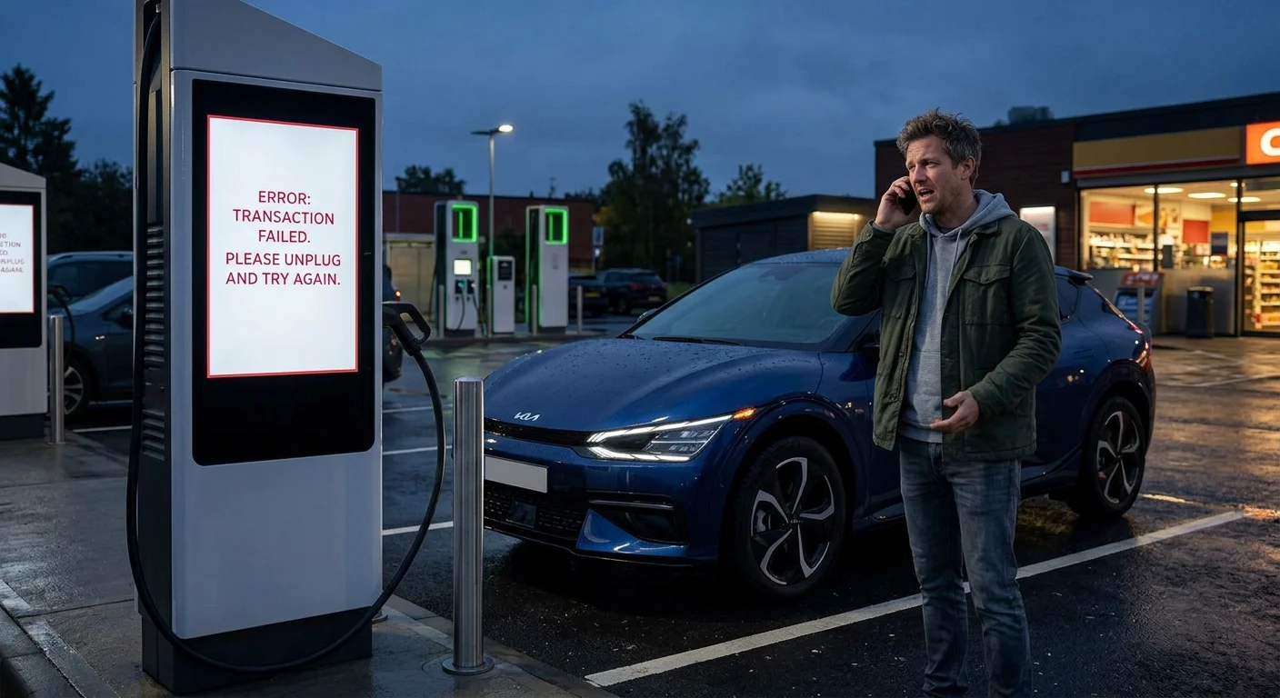 A Kia EV6 at a public charging stall at dusk with an error on the dashboard