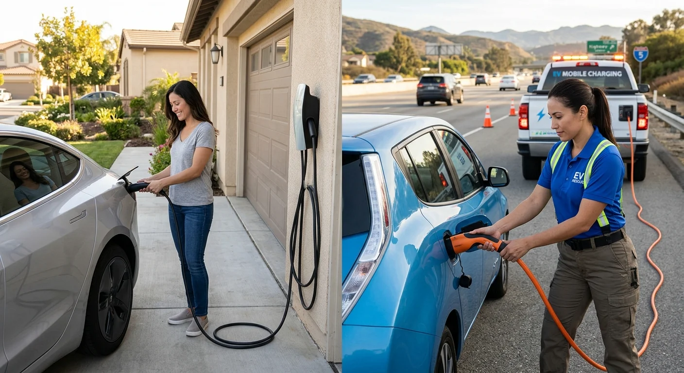 Split scene of an EV on a home wall charger and another EV stopped on a highway shoulder