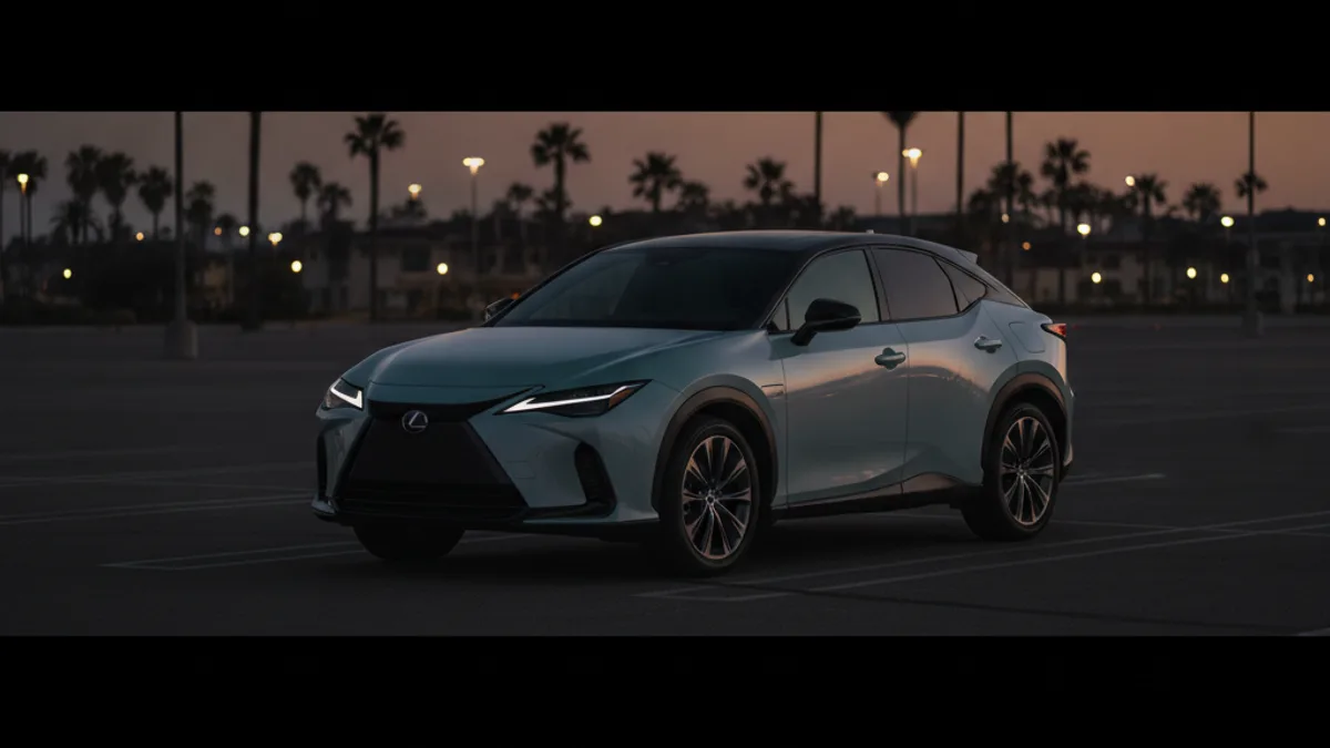 A dark Lexus RZ electric crossover in a dim parking garage with an unlit dashboard