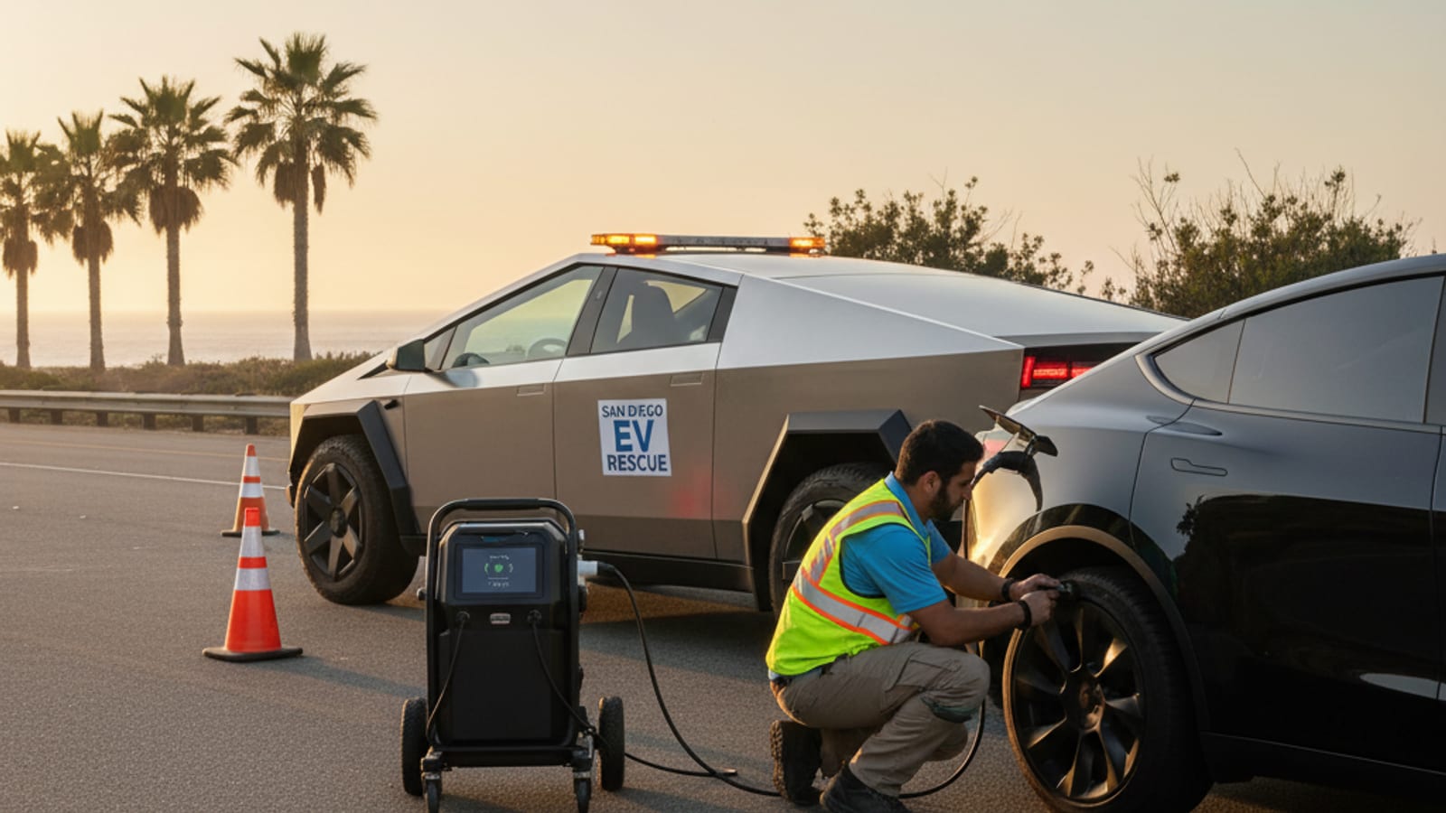 Portable EV charging cable and compact charger resting beside a stopped electric car on a paved shoulder