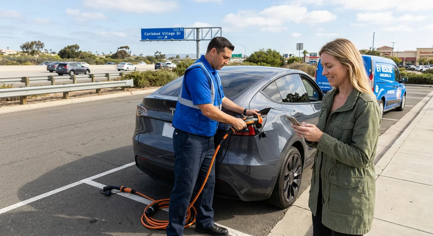 Electric car parked on a paved roadside shoulder with the charge port closed
