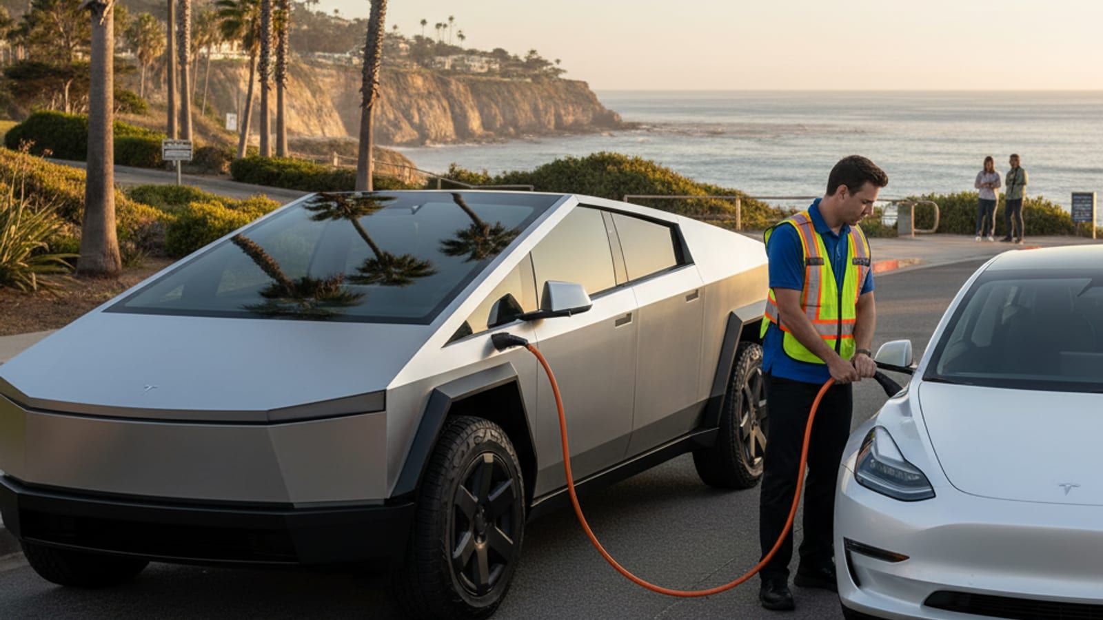 An electric car stopped at a curb on a Manhattan Beach street with a mobile charging operator approaching