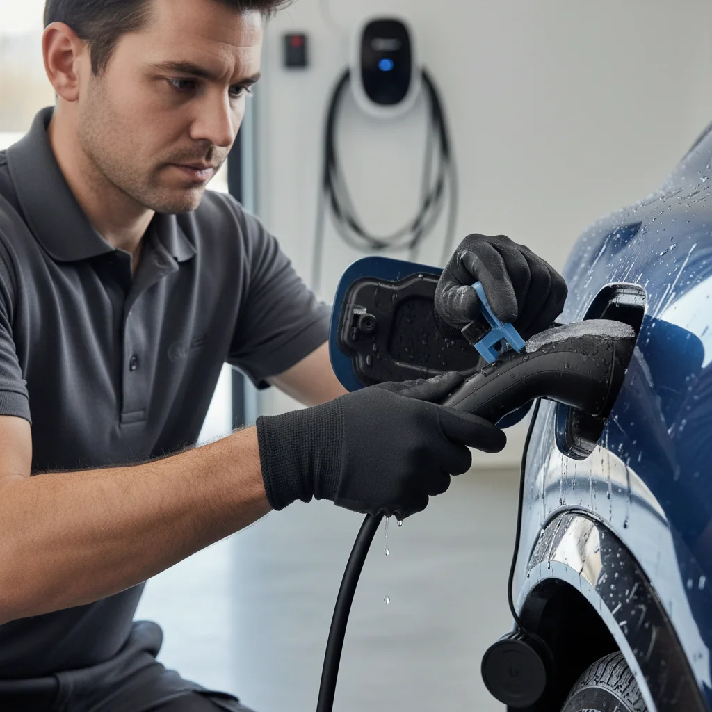 Hands pulling a bright release strap inside an open EV front trunk