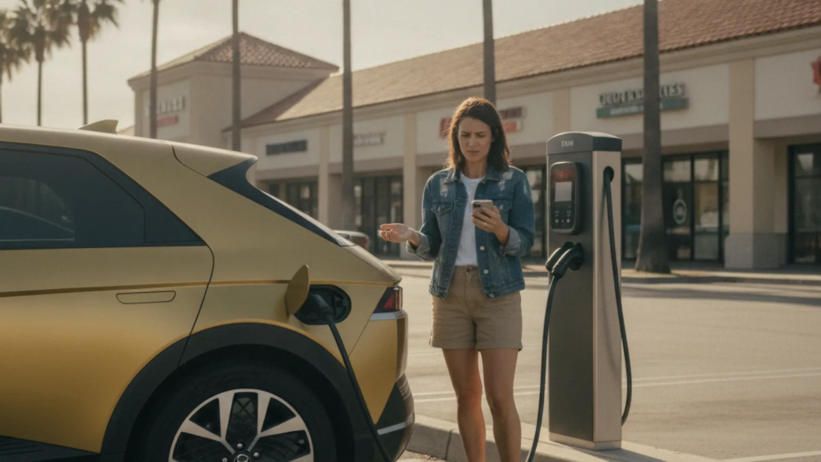 An electric car connected to a public charger that displays a connected indicator but no active charging session