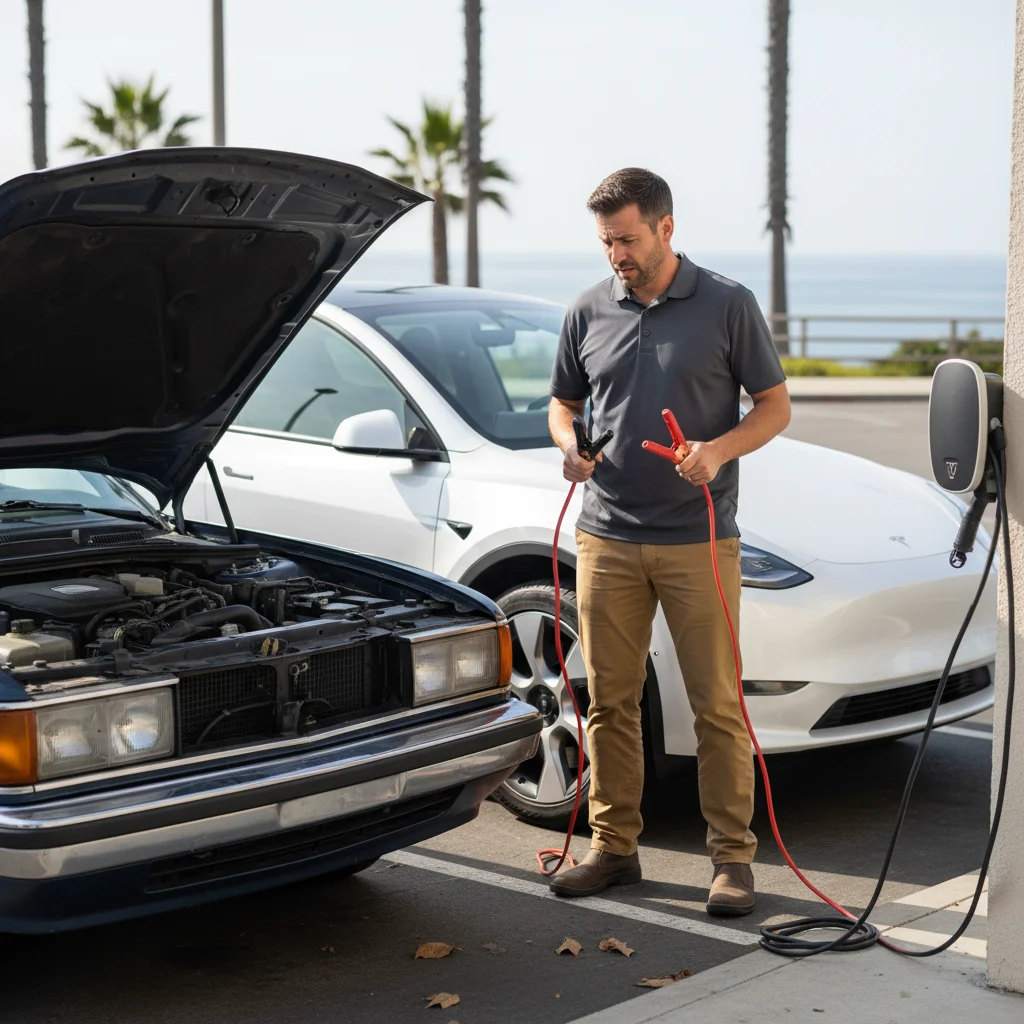A Tesla with hood open beside a gas car with hood open, jumper cables connected between the two 12V batteries