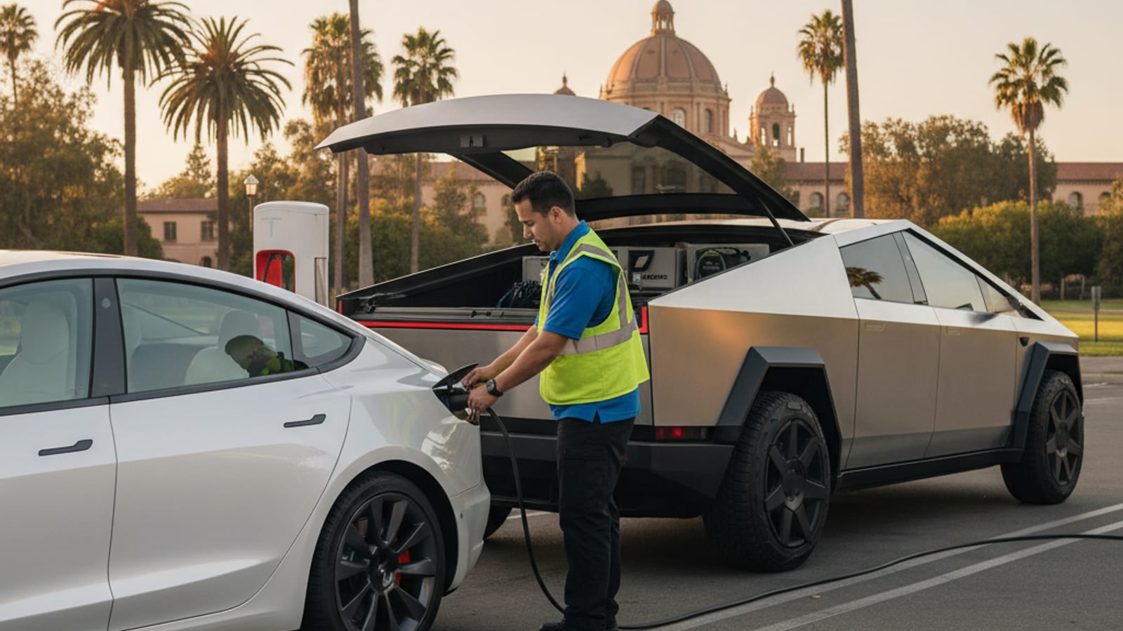 A dead electric car in a Universal Studios Hollywood parking structure with a mobile operator approaching