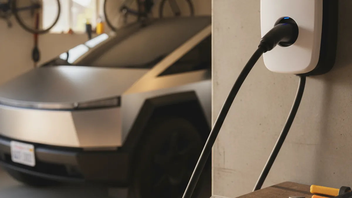 An electric car parked on a paved shoulder with a charging cable at the port