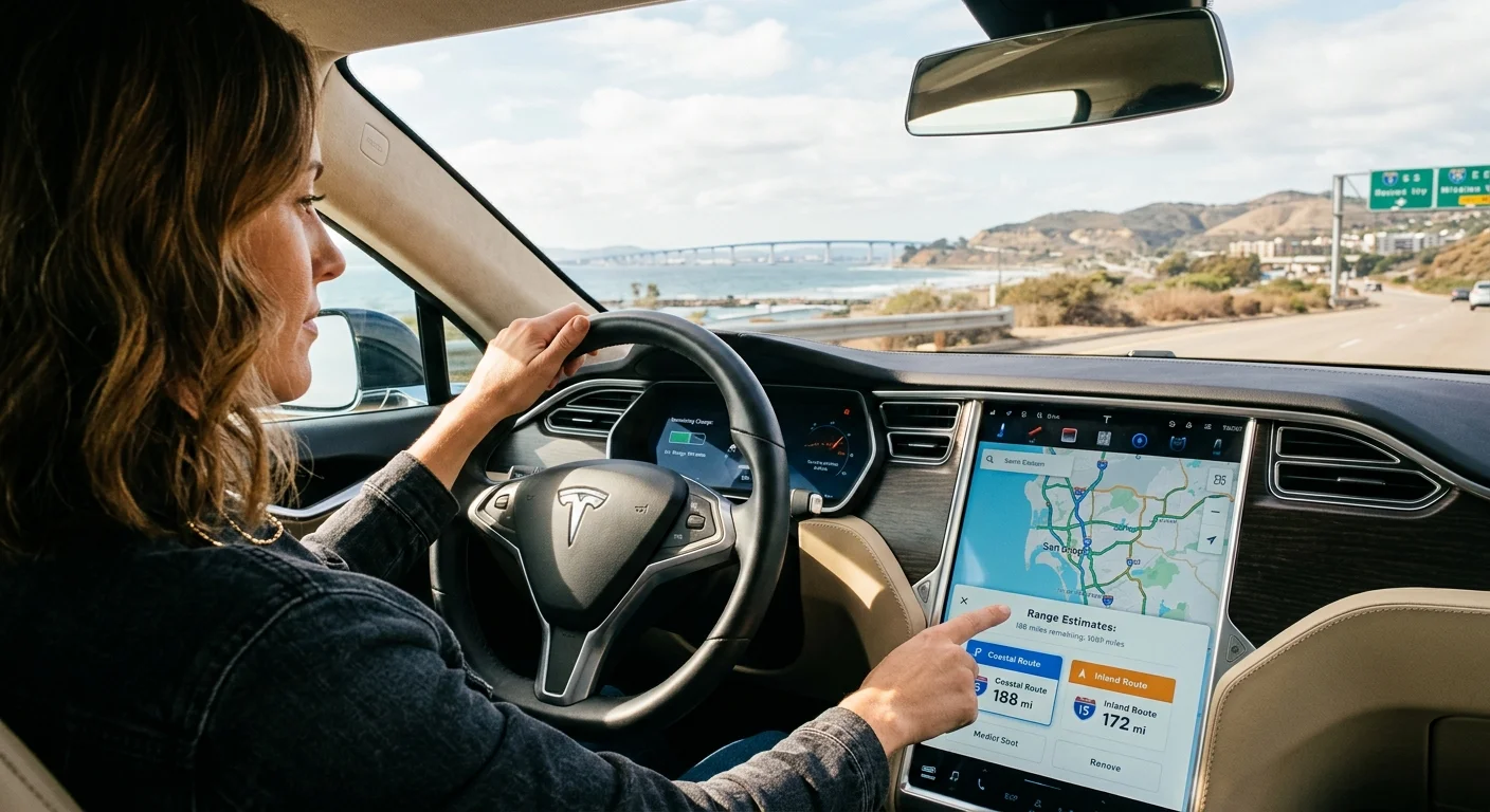 A Tesla parked on a paved shoulder while the driver checks remaining charge