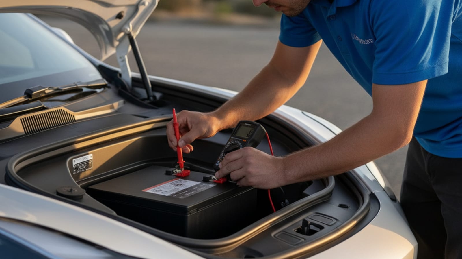 A Tesla Model 3 with hood open in a Los Angeles driveway, with the frunk showing the 12V battery location