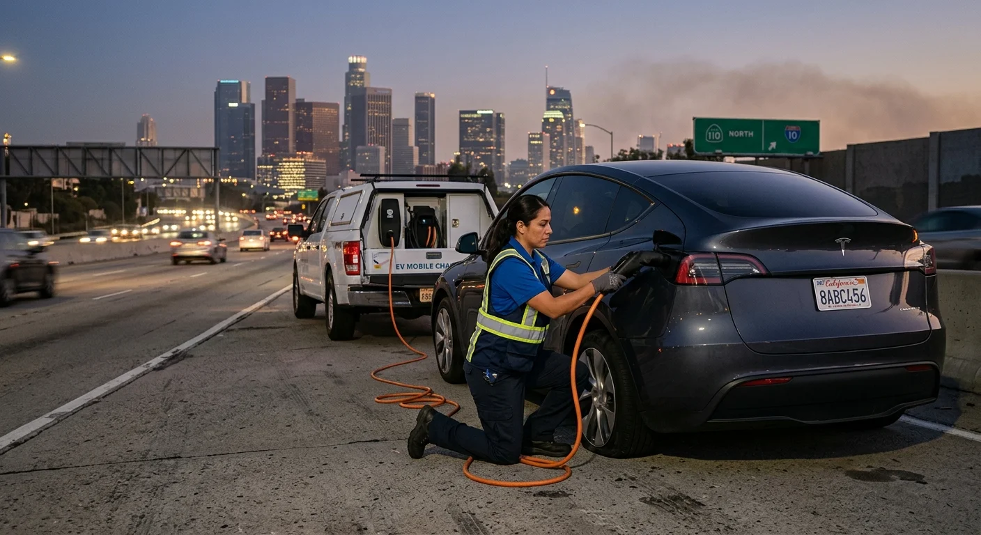 Tesla Model Y with a flattened rear tire on a Los Angeles freeway shoulder at dusk