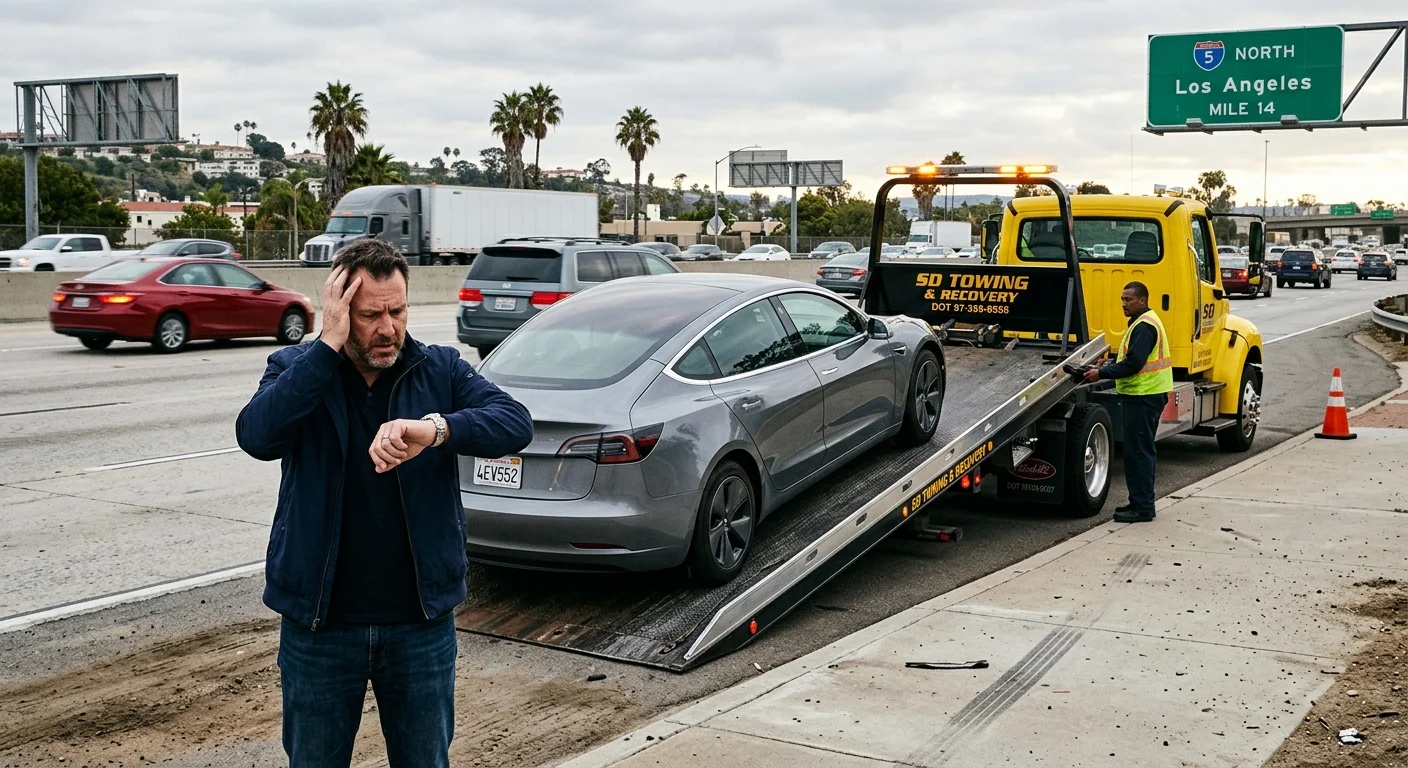 A Tesla Model Y at a curb with both a Tesla-branded service vehicle and an independent mobile charging van approaching