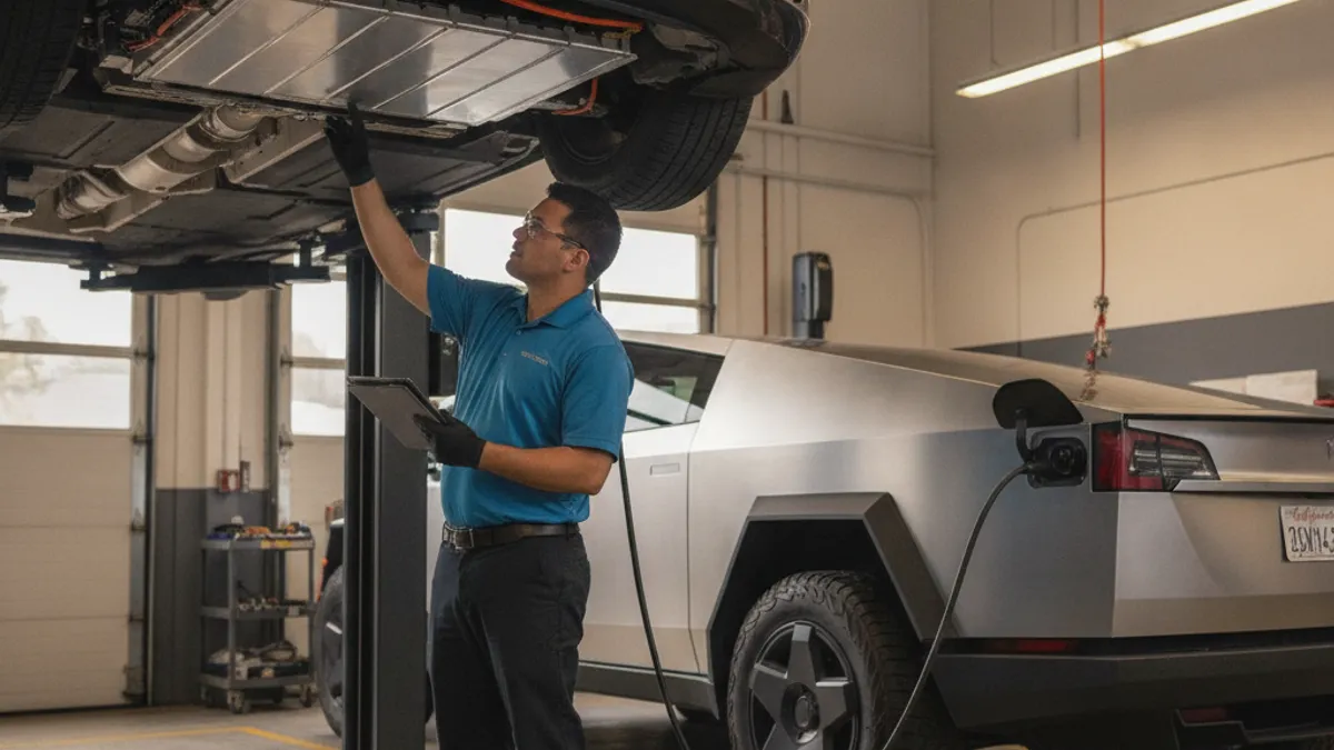 A Tesla Model 3 on a lift in a service bay with the traction pack lowered for inspection