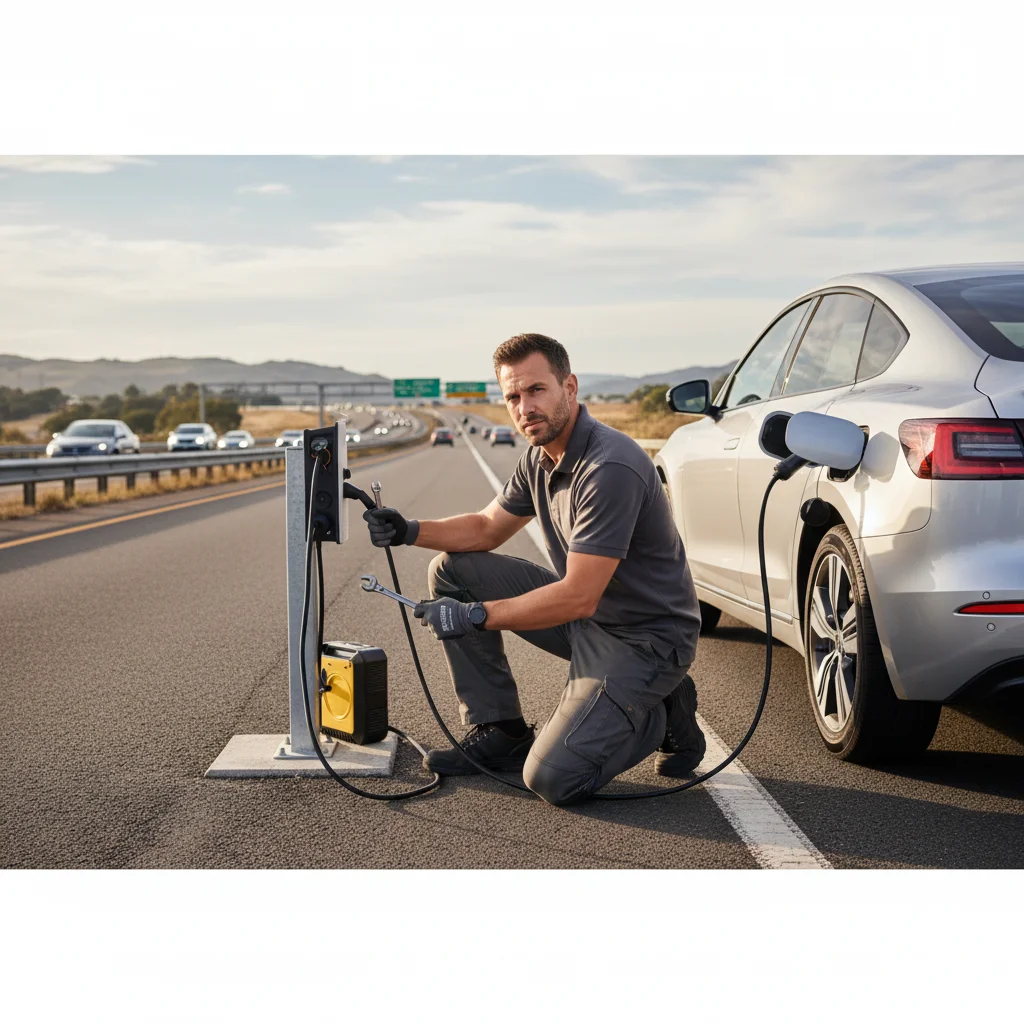 A Tesla Model Y parked at a Torrance curb with a mobile EV charging operator approaching
