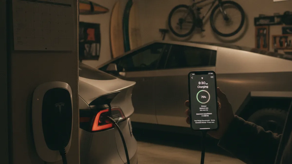 A Tesla at zero parked on a Los Angeles County road shoulder with a mobile charging operator approaching