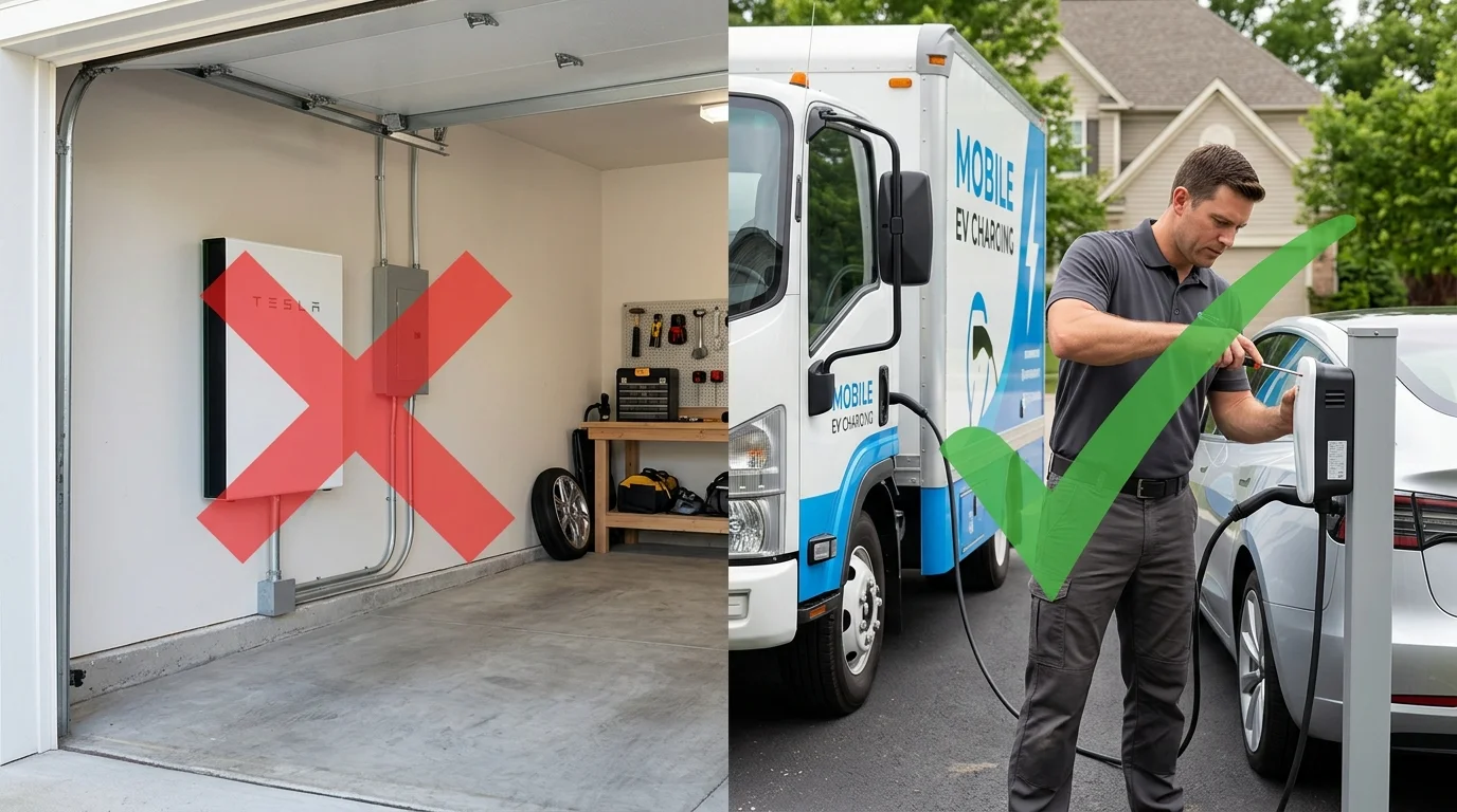 A suburban Los Angeles home with a Tesla Powerwall mounted on the wall beside a parked electric car