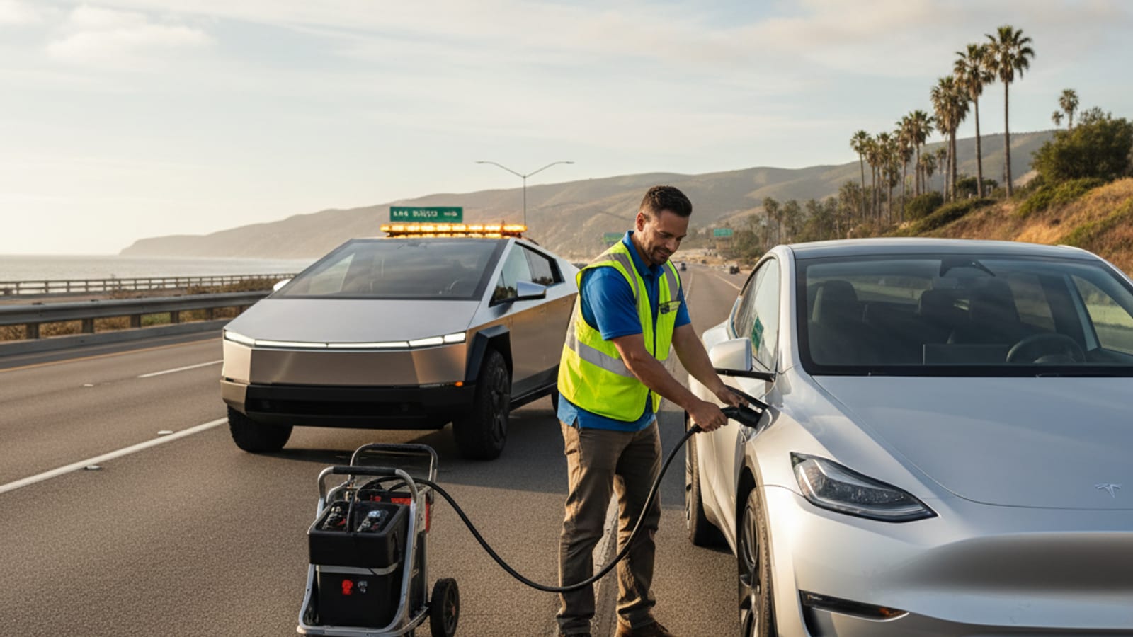 A Tesla Model 3 with the Tesla app open showing roadside coverage limits and a phone number