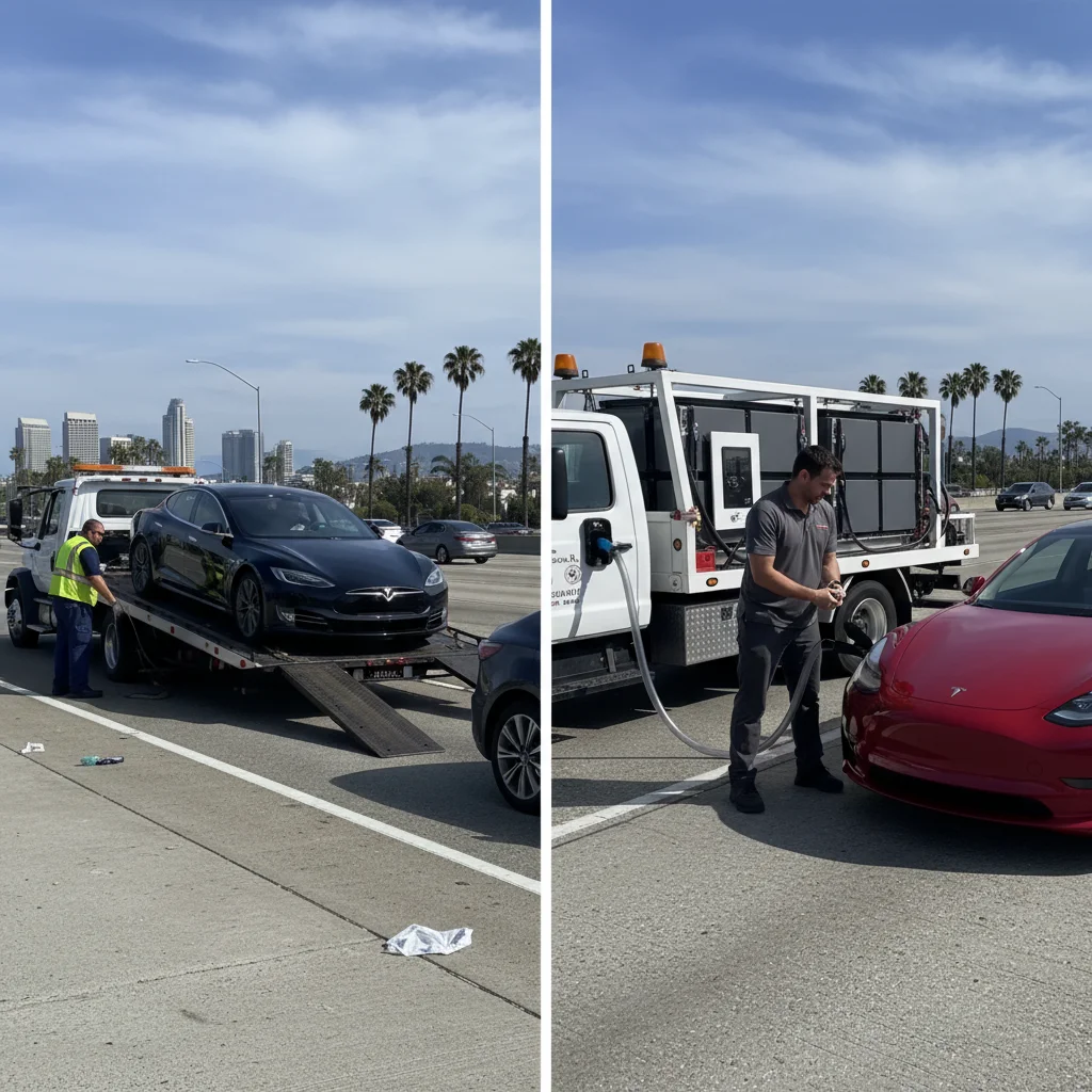 A side-by-side comparison of a tow truck with an electric car on its bed and a mobile EV charging van plugging into a separate car