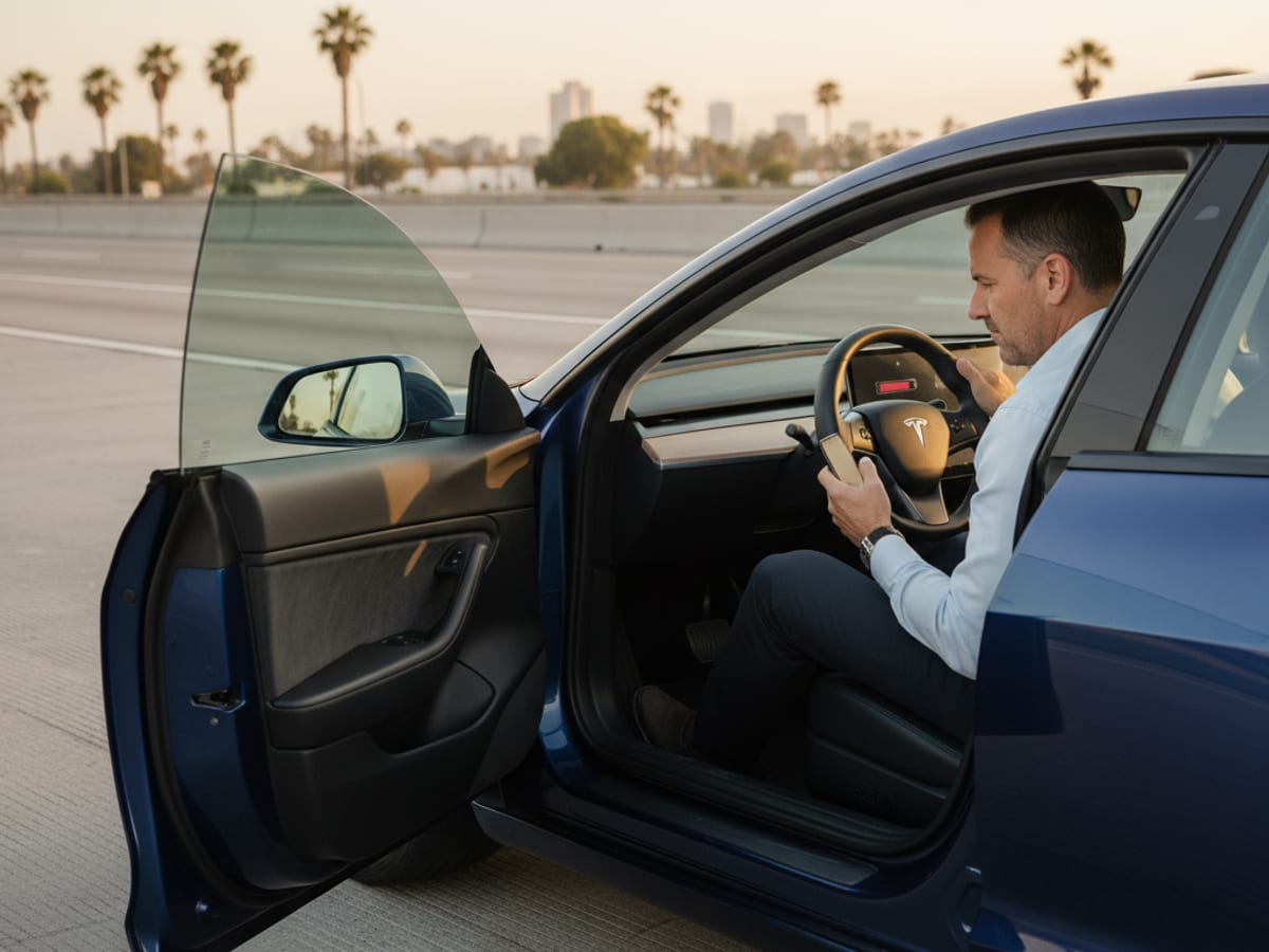 Electric vehicle stopped at a safe roadside location in Los Angeles County